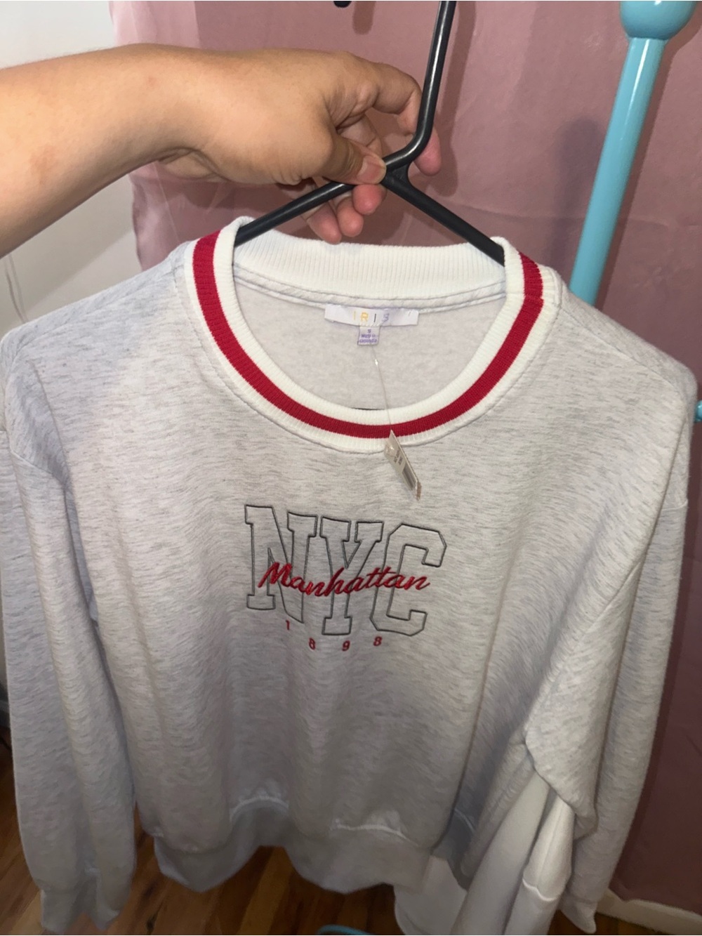 iris Light Gray Crewneck Sweater with Red Trim and NYC Manhattan Embroidery